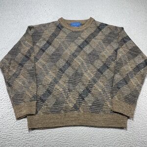 TownCraft Sweater Mens Large Brown Tan Geometric Plaid Knit Crewneck Pullover
